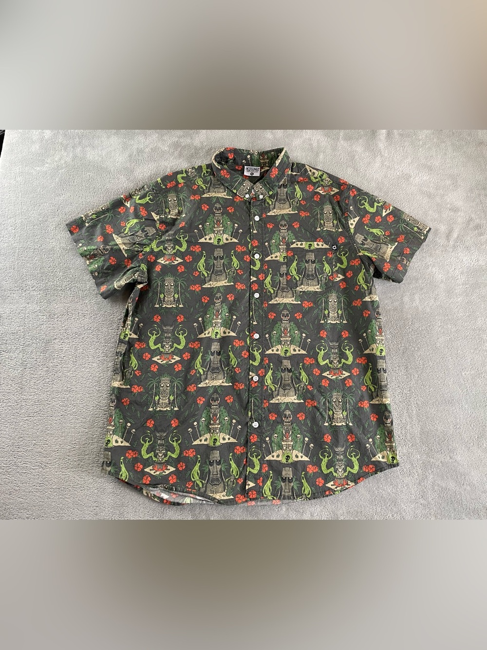 CreepyCo Halloween Tiki Skull Ghost Ghouls Button Up Shirt Hawaiian Aloha Men XL